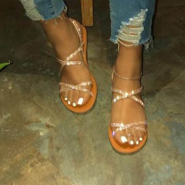 

woman sandals women cross band shoes ladies bling crystal flat female 2020 summer fashion beach footwear plus size 42, Black
