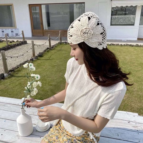 

lpgx0 japanese korean ins hand bucket bucket hair band fisherman hat woven cotton flower hollow summer hair band breathable knitted female f, Blue;gray