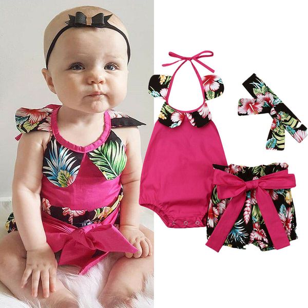 

toddler kids baby girls cute print 3pcs set sleeveless romper bow pants headband outfits clothes 0-24m, Pink;blue