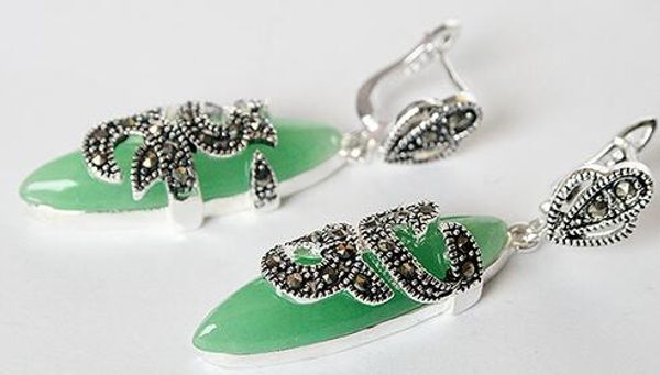 

vintage plata 925 verde natural natural jade pendientes 1,5", Silver