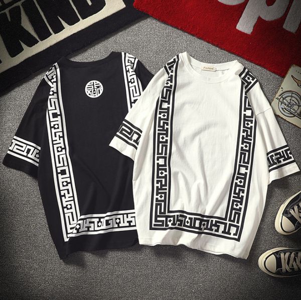 

summer ethnic style casual t shirt men printed round neck short sleeve loose organic vintage men basic t-shirts camisetas, White;black