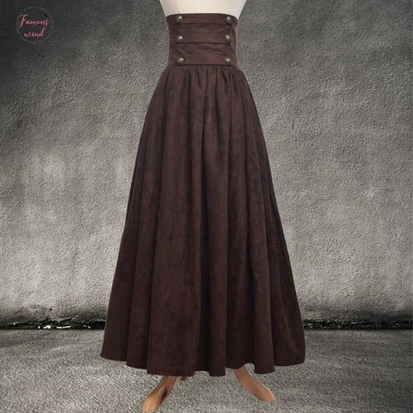 

women vintage tunic skirt high waist medieval long skirt ladies solid gothic maxi skirt for party polyester stage costume, Black