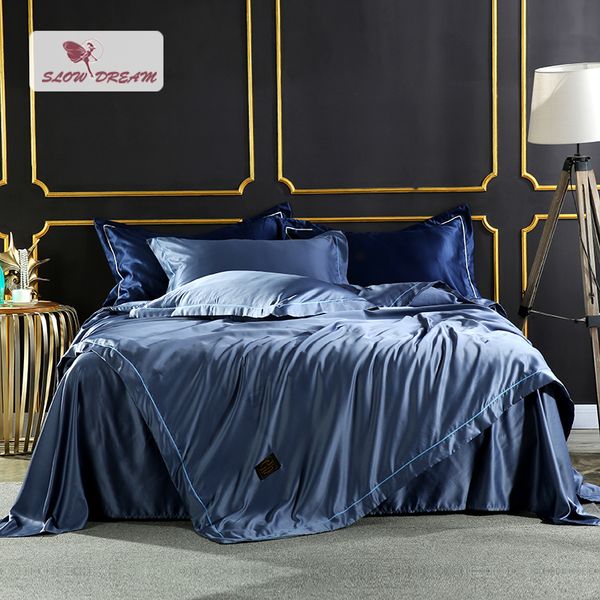 

slowdream luxury bedding set comforter silk duvet cover satin bedspread silky linen double bed sheet blue  king bedclothes