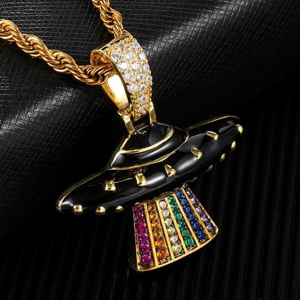 Neue Mode vergoldet bunte CZ Zirkonia Herren Damen UFO Anhänger Cartoon Kette Halskette personalisierte Hip Hop Schmuck Geschenke für Männer