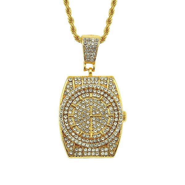 

men hip hop iced out bling dial watch pendant necklaces pave setting rhinestone male fashion charm necklace hiphop jewelry gifts, Silver