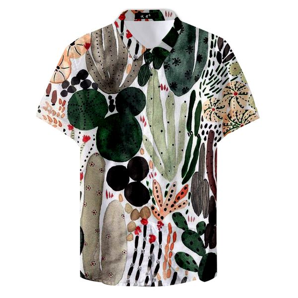 

2019 summer man plus size cactus and stars printed casual shirt, White;black