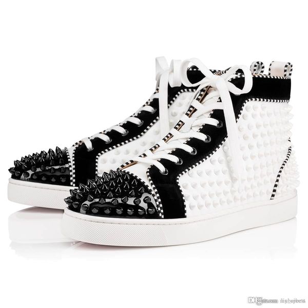 

sporty spikes 2 high red bottom shoes men's sneaker studded black with white patent leather +veau velours luxury designers orlato t
