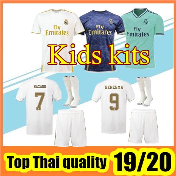 

new 2019 2020 real madrid soccer jerseys 19 20 #23 hazard benzema marcelo kroos isco kids kit set socks football shirts, Black