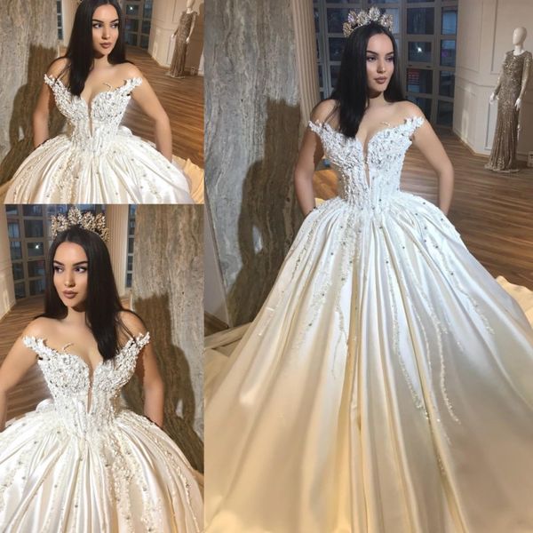 

vintage satin wedding dresses lace appliques beaded a line bridal gowns saudi arabia ball gown sweep train wedding vestidos, White