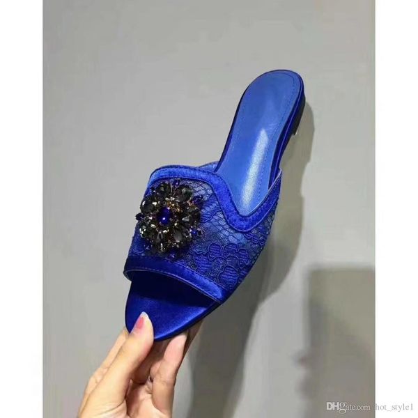 

summer new style woman peep toe lace print flower flat slippers femal mixed color rhinestone casual slipper woman national style slippers, Black