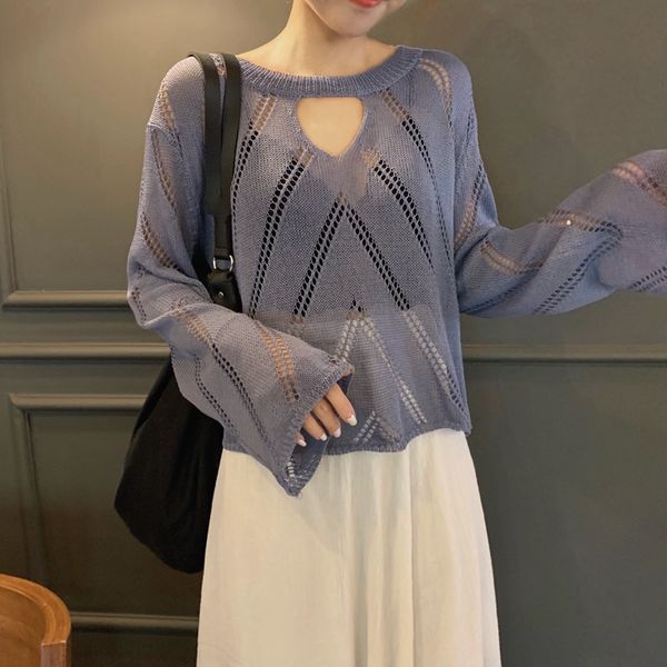 

women's clothing vintage knitted long sleeve o-neck hollow out pullovers perspective sweaters thin crop spring autumn, White;black