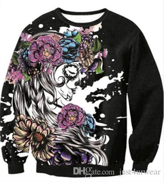 

floral skull skeleton print pullover hoodie lovers loose casual long sleeved sweater tshirt men women holloween costume sweatshirt, Black