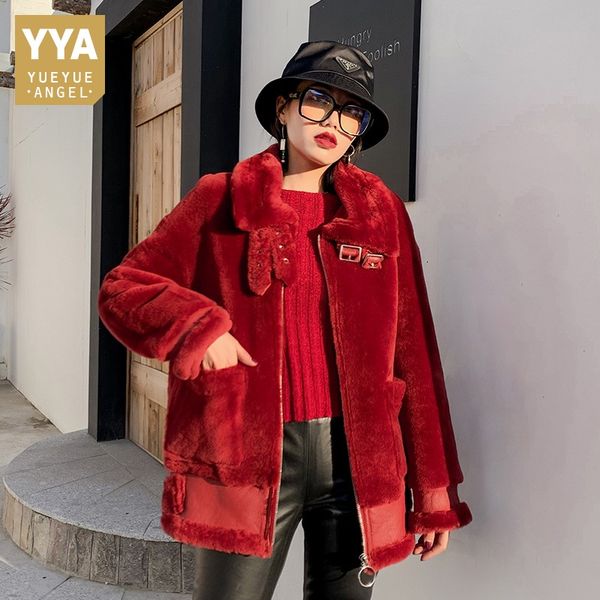 

women's fur & faux winter luxury women real jacket warm loose fit natural wool shearling genuine leather biker coat windproof overcaot, Black