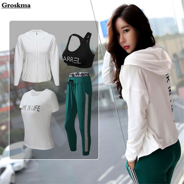 

горячая продажа женщины 4 шт набор йога тренажерного зала костюм быстро сухая тренировка спортивная пальто + бюстгальтер + тенниска + брюки