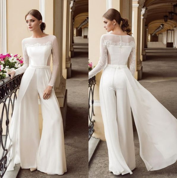 

2020 sheer длинные рукава шифон свадебные платья комбинезон тюль аппликация кружева свадебные платья свадебные платья, White