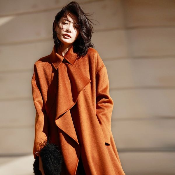 

2019 ruffled water ripple cashmere coat wool double-faced woolen coat female winter women, Black