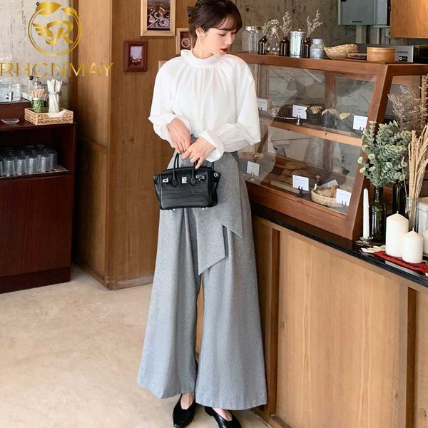 

2020 весна корейский набор женщин стоять воротник рубашки и высокой талией лук галстук широкий ноги штаны дамы одежды 2 шт suit, White