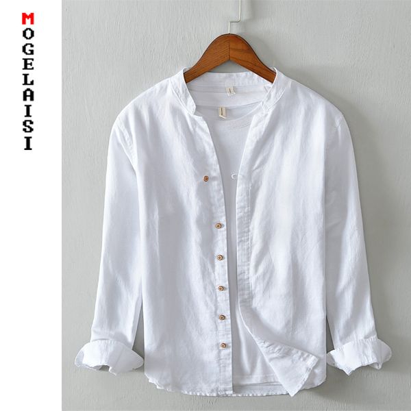 

2020 new autumn linen shirts men 100% flax white long sleeve shirts man solid breathable man chemise homme 607, White;black