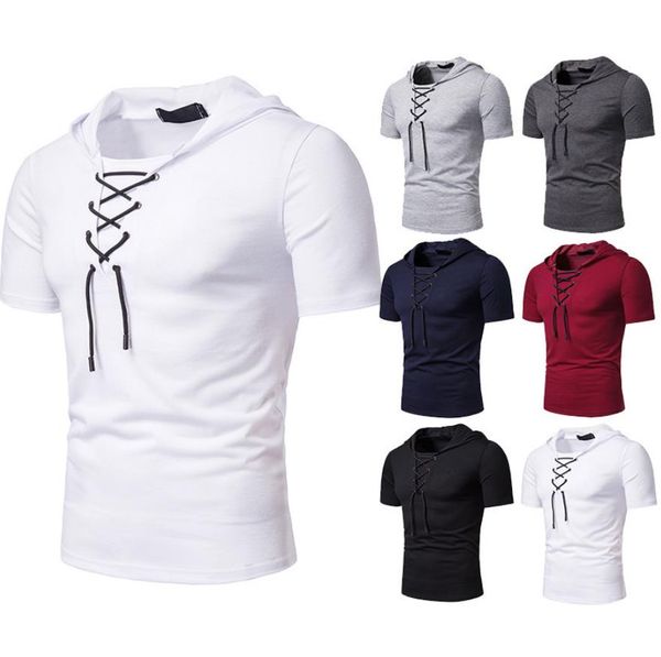 

shoelace-up tshirt men short sleeve retro vintage man casual pullover lapel collar solid color man belt hooded tee shirts d03, White;black