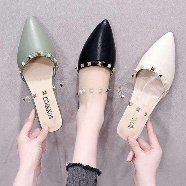 

pointed toe womens flat slippers slip on mules shoes woman pu leather flats loafers for women summer casaul rivet sandals, Black