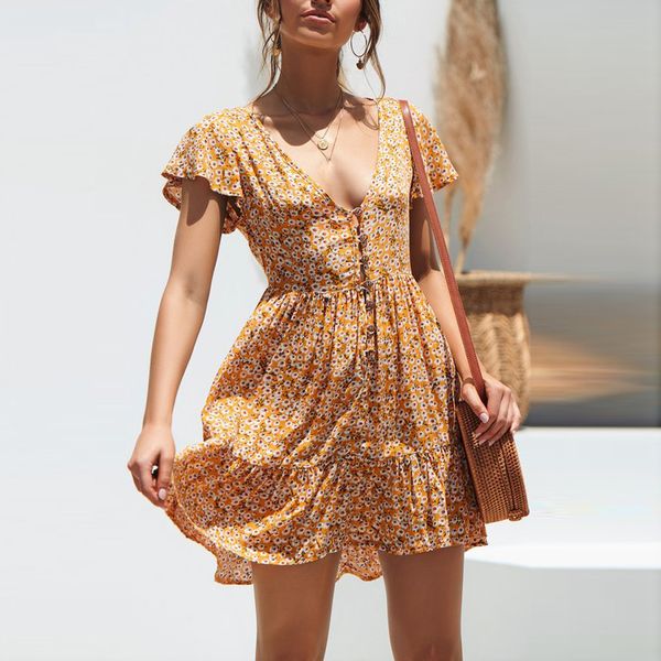 

women v-neck boho polka-dot summer dress party evening beach casual chiffon midi dress sundress 2019, Black;gray
