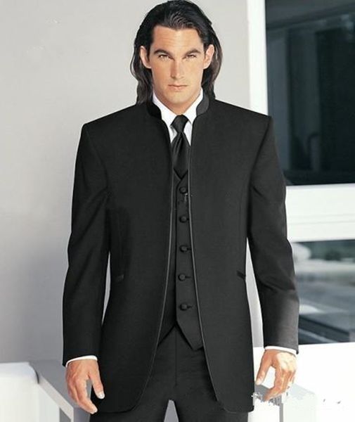 

new custom made black stand collar groom tuxedos groomsman blazer men wedding business suits sets (jacket+pants+tie+vest) 1368, Black;gray