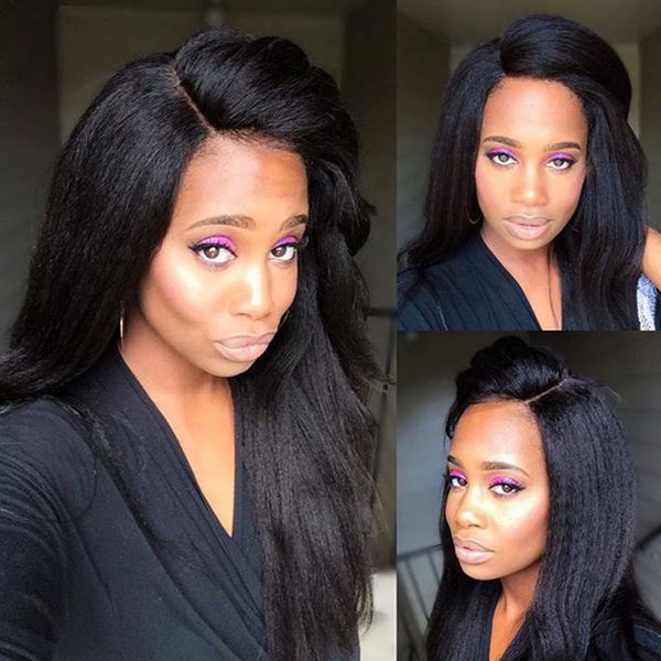 

full lace human hair wigs virgin hair yaki straight brazilian lace front wig brazilian virgin hair glueless for black women bleached knots, Black;brown
