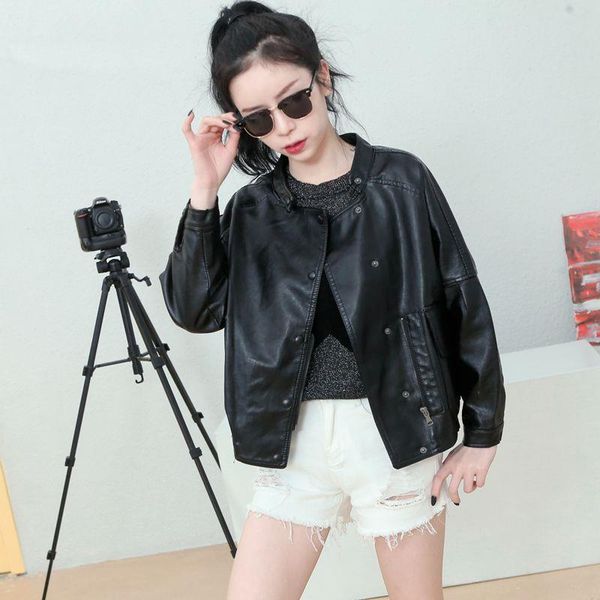 

fashion office lady women faux leather jacket solid slim pu jackets and coats moto biker women overcoat, Black