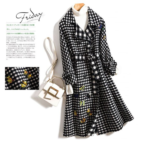 

2019 autumn and winter cashmere coat was thin embroidered plaid wool ladies, Black