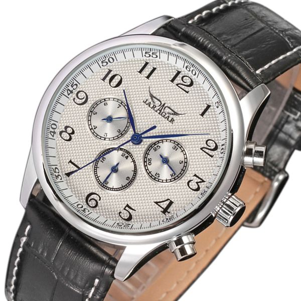 

jaragar horloges mannen classic white dial blue hands mens auto mechanical wristwatch day date 24hrs wrist watch male relogio, Slivery;brown