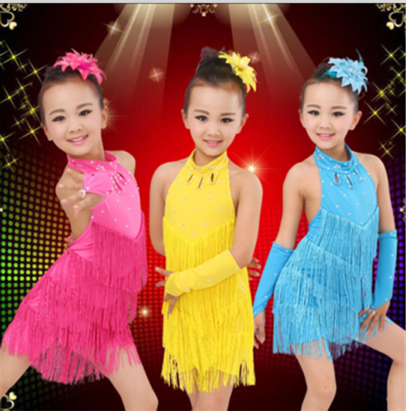 

kids tasseled ballroom latin salsa dancewear girls party dance costume dress, Black;red