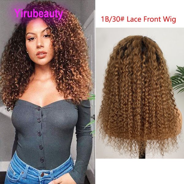 Peruviano Kinky Curly 1b/30 13x4 Wigs frontal de renda Dois tons de cor de cor livre banda ajud￡vel 1b 30