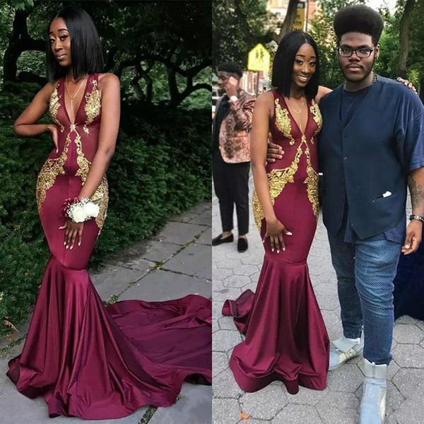 

Sexy Deep V Neck Black Girls Burgundy Prom Dresses Long Gold Lace Appliques African Mermaid Evening Gowns Formal Party Dress