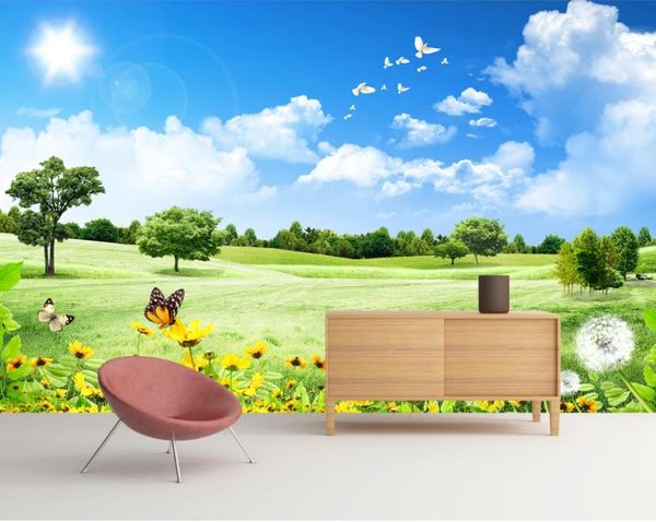 Tapete der Landschaft 3d Blauer Himmel, weiße Wolken, großer Baum, Blumen, Schmetterling, Fernsehapparat, Sofa, Landschaft, Wand