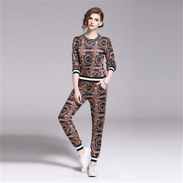 

два кусочка высокого качества нового напечатанный костюм длинных рукава случайных женщина осени высокой талия брюки мода спортивной одежды д, Gray