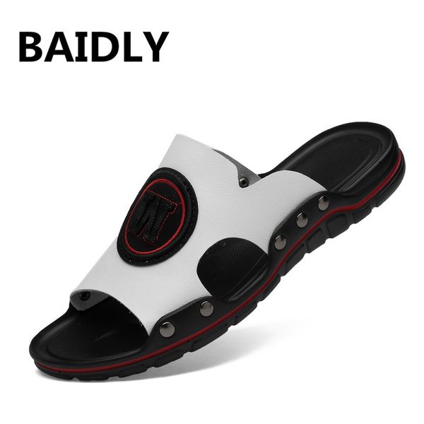 

new men slippers super cool fashion men's slides summer beach leather slippers man casual sandals flat water shoes big size, Black