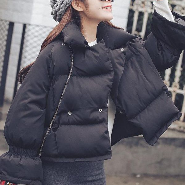 

korean style winter short down jacket women turtleneck female down coat loose oversize womens elastic sleeves short parka coat, Black