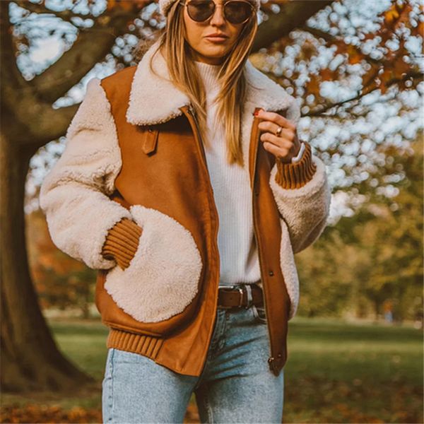 

vintage faux fur pocket jacket women coats casual abrigos mujer invierno 2019 autumn winter turn down collar ladies outwear, Black;brown