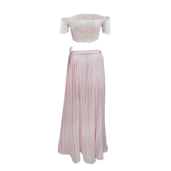 

2019 new women summer small fragrance wind solid color lace strapless halter +pleated skirt suit 2 pieces for party, White