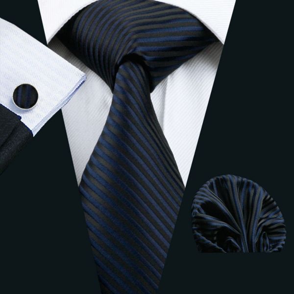 

ls-877 mens tie dark striped 100% silk classic jacquard woven barry.wang tie hanky cufflink set for men formal wedding party, Blue;white