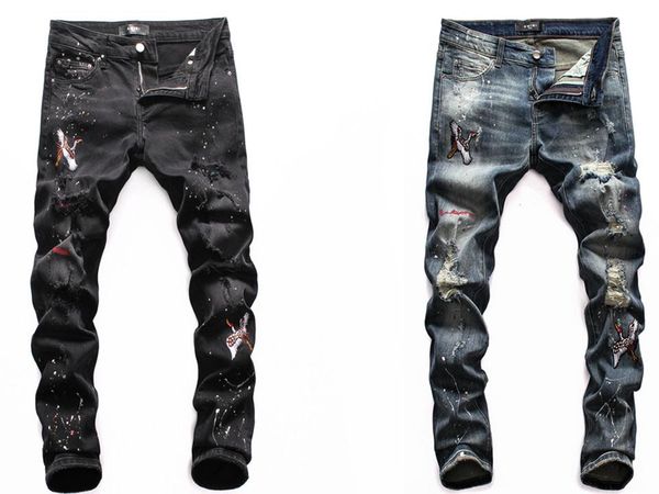 

2020 mens distressed ripped biker jeans slim fit motorcycle denim for men fashion designer hip hop man pants luxury fashion jeans for men, Blue