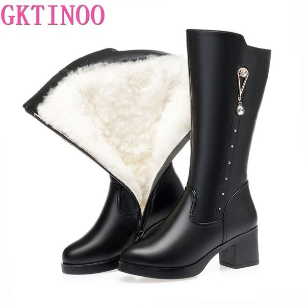 

gktinoo 2019 new winter genuine leather women long boots wool wram waterproof snow boots women high heel women's, Black