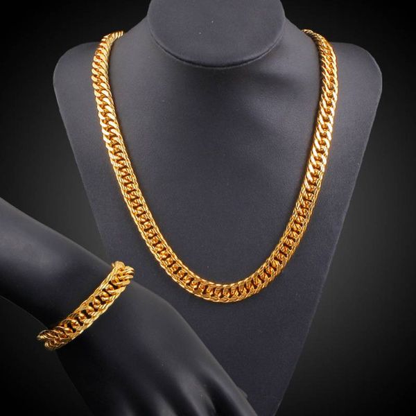 

мужские ювелирные изделия set 18k желтого золота заполненные двойной кубинский ожерелье и браслет, Silver