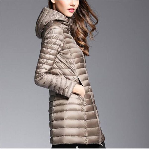 

2018 woman spring hooded long jacket white duck down female overcoat ultra light slim solid jackets coat portable parkas ac406, Black