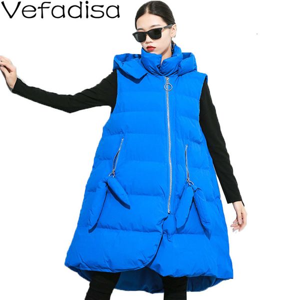 

vefadisa solid hooded vest coat woman 2019 winter sleeveless cotton-padded clothes zippers loose vest coat black blue qyf1198, Black;white