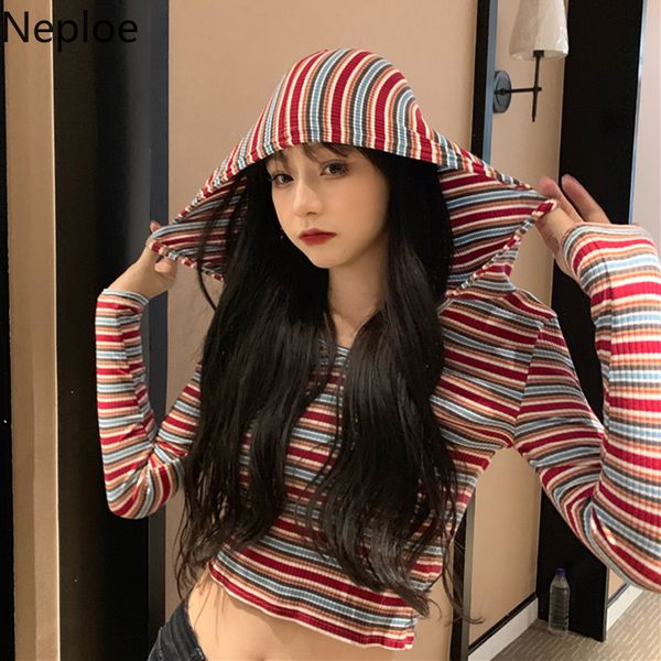 

neploe 2020 striped knitted t shirts women belly-button v neck long sleeve hooded tees casual slim fit female 49943, White