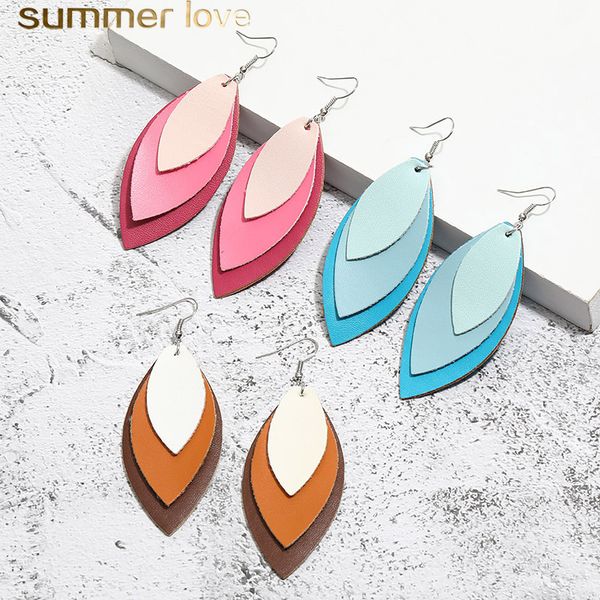 

fashion three layer leaf pu leather dnagle earring for women unique designer colorful leather silver plated hook drop earrings jewelry gift