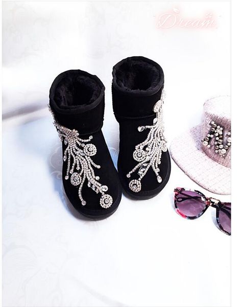 

hong kong street fashion autumn and winter hand-studded sequins gemstones low tube leather shoes cotton shoes snow boots, Black