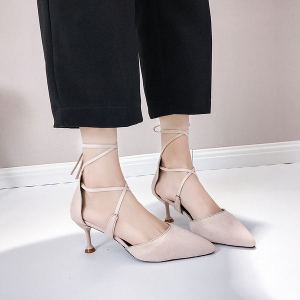 

high-heeled shoes female 2019 new fashion suede pointed cross strap high heels wild red stiletto shoes, Black;white