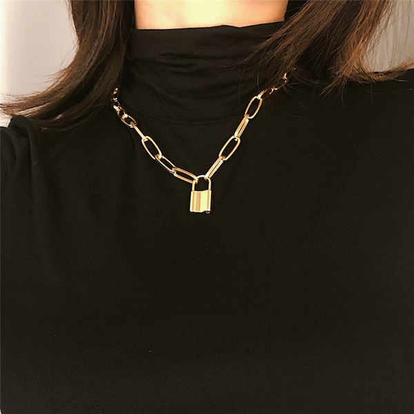 

punk gothic padlock choker necklace collar statement gold color lock pendant long chain necklace for women jewelry, Silver